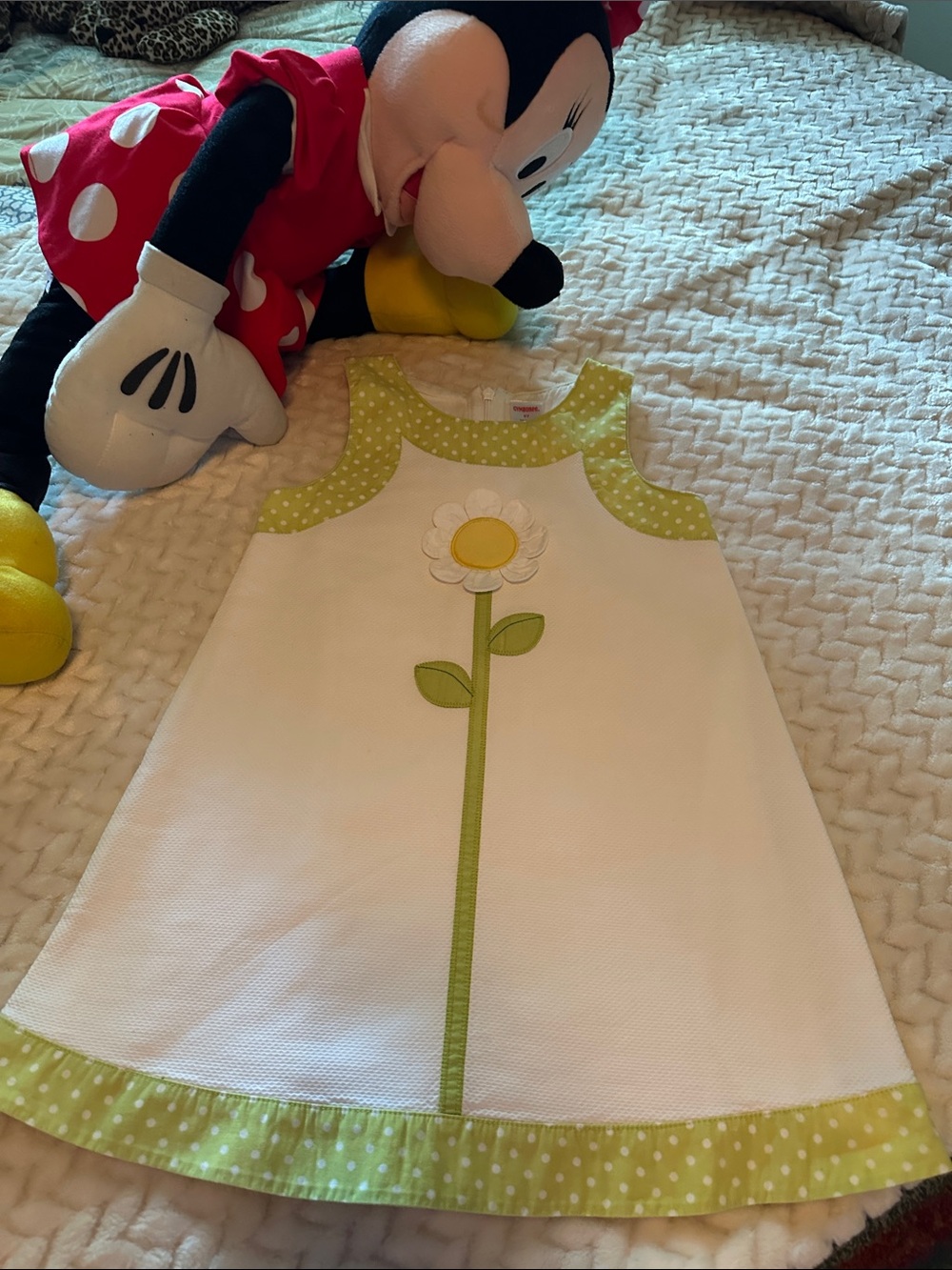 Gymboree White Dress with Green Trim and Yellow Daisy Accent